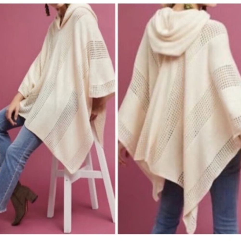 Sleeping On Snow Anthropologie Beige Coastal Hooded Knit Sweater Poncho One Size